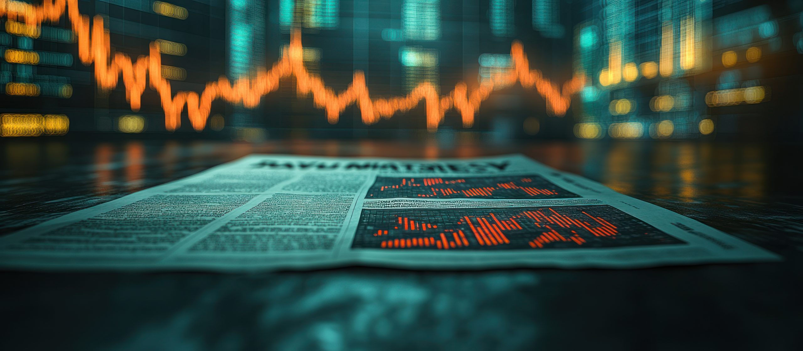 Close-up of a newspaper headline about recession, with stock market charts showing a downward trend in the background. Blurred financial office with digital screens displaying economic data. Close-up shot, eye-level angle, natural light. Focus on the newspaper and charts.